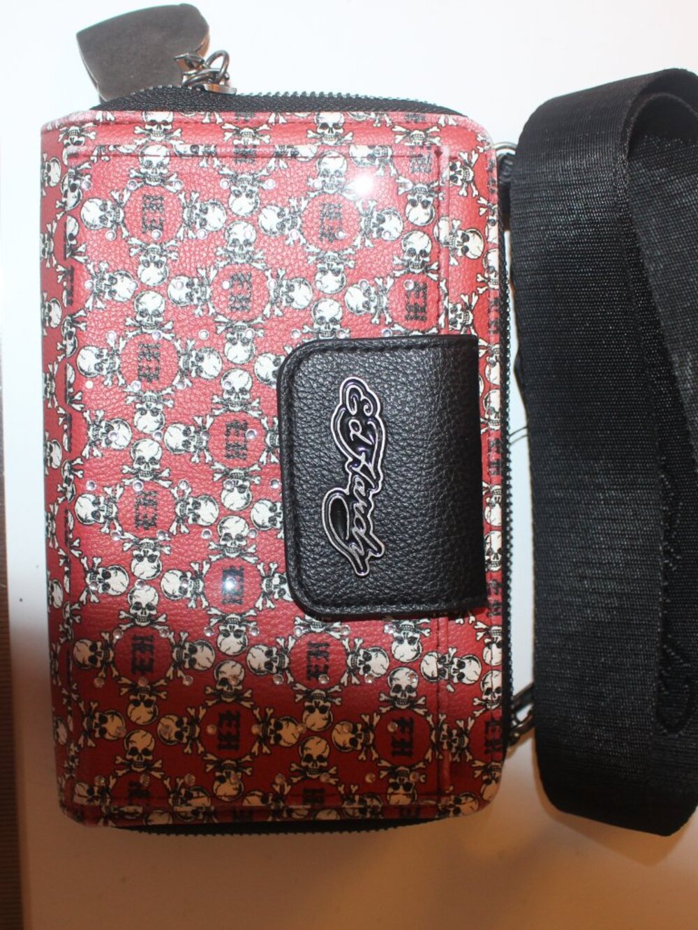 Ed Hardy Red Skull Print Studded Crossbody Bag